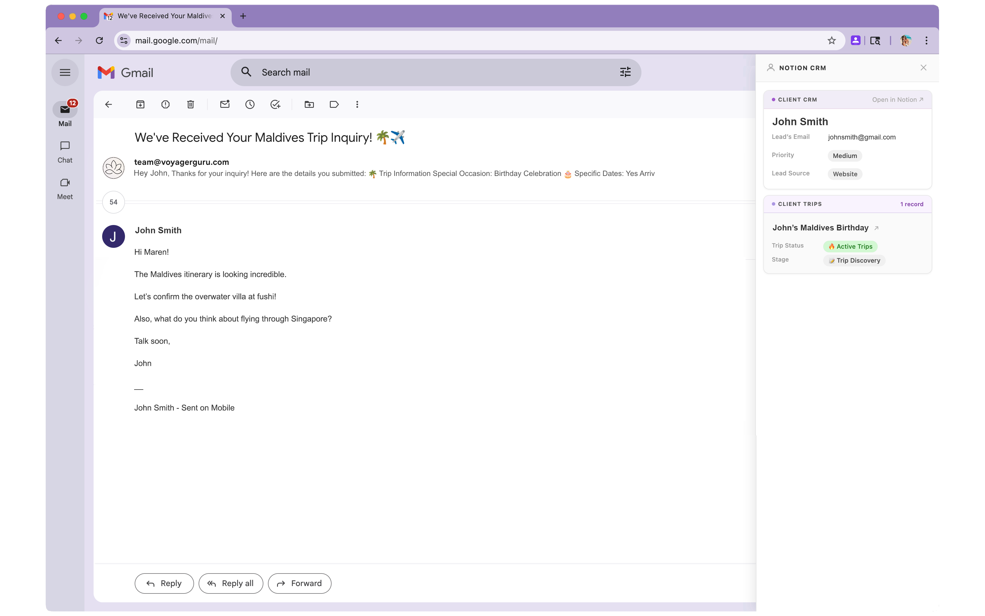 Notion CRM Sidebar showing client data inside Gmail